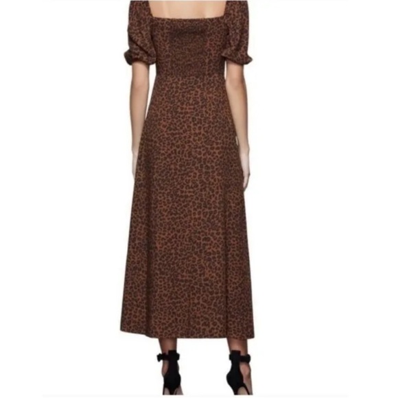 Good American Corset Puff Sleeve Midi Dress in Chai Leopard Print - Size 0/XS - Picture 3 of 10
